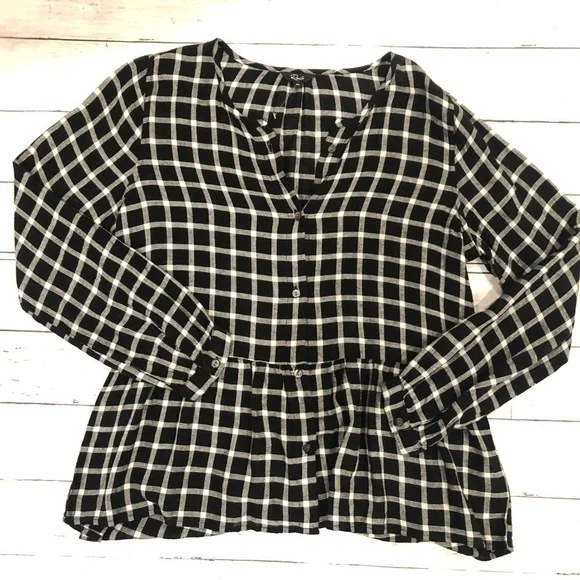 Rails Black and white Long Sleeve Plaid Checkered Ruffle Small Babydoll Blouse - Picture 2 of 4